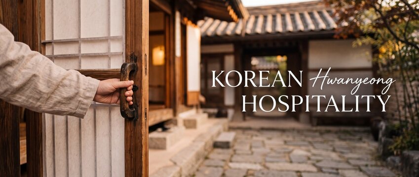 Hand opening traditional Korean hanok sliding door welcoming guests to authentic wooden house courtyard, representing Asian culture, heritage hospitality, serene travel accommodation, and peaceful sta
