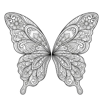 Intricate Ornamental Butterfly Wings Featuring Detailed Floral Zentangle Patterns for Creative Coloring Art