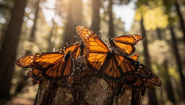 Monarch butterflies resting on pine tree bark during migration
