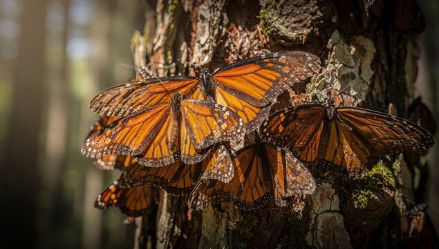 Monarch butterflies resting on pine tree bark during migration
