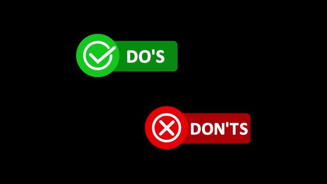 Do?s and don?ts checklist animation with green checkmark and red cross symbols on black background