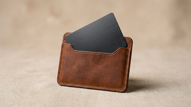 A black credit card inserted into a brown leather card holder wallet on a textured beige surface with soft lighting and shallow depth of field isolated on a transparent background