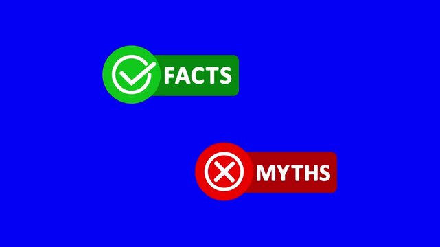 Facts vs myths animated buttons with checkmark and cross on blue screen for easy chroma key compositing