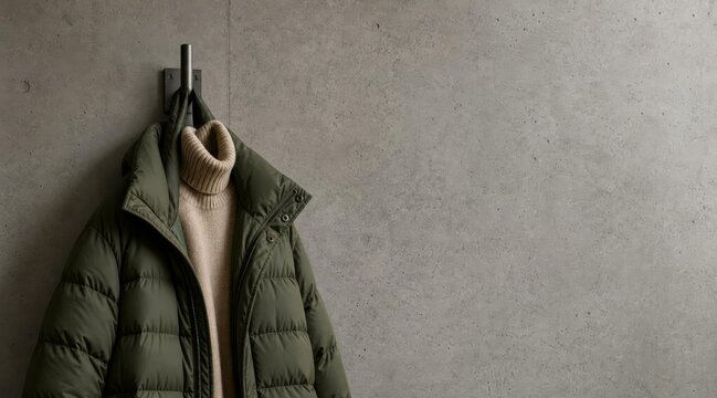 Winter jacket and sweater on coat hook