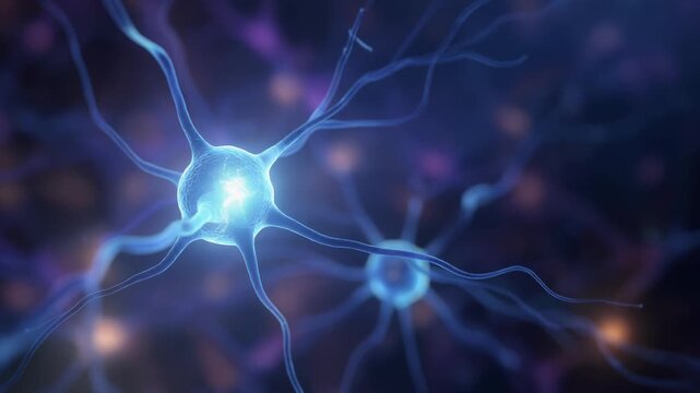 Glowing Nerve Impulse Traveling Along Axon of Single Neuron, Brain Activity Science, Cinematic Full HD 3D Animation