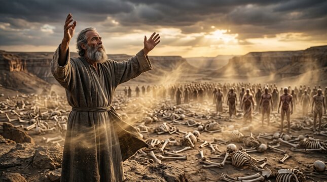 Prophet Ezekiel Prophesying Over Dry Bones as the Army of Israel Comes to Life at Sunset