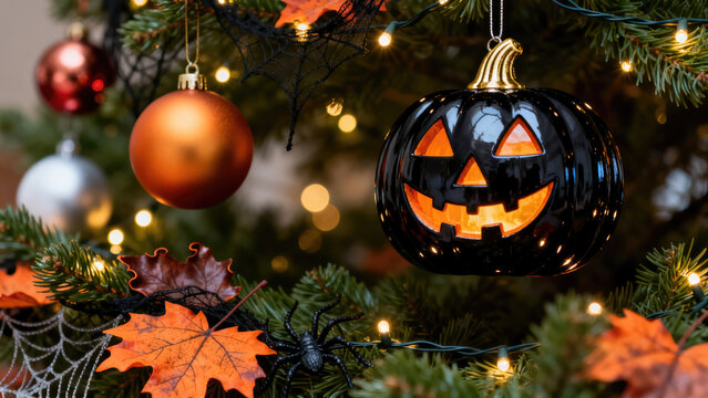 Halloween decorations on a christmas tree, halloween holiday festive image design