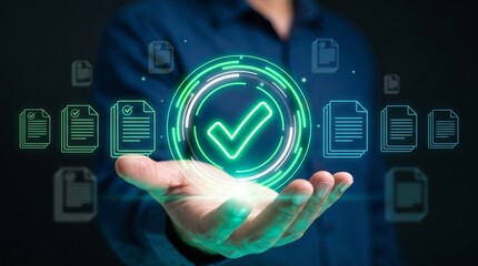 Obraz premium Data quality control and digital verification concept, analyst ensuring information accuracy, compliance validation, automated processes, data integrity, quality monitoring, and dependable systems