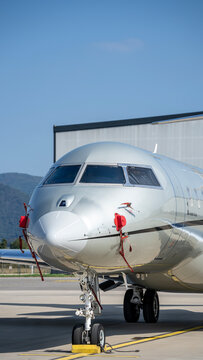 FAI rent-a-jet private airplane Bombardier Global 6000 parked at BGY Milano Bergamo international airport