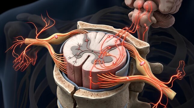 Cross section of human spinal cord showing neural pathways.