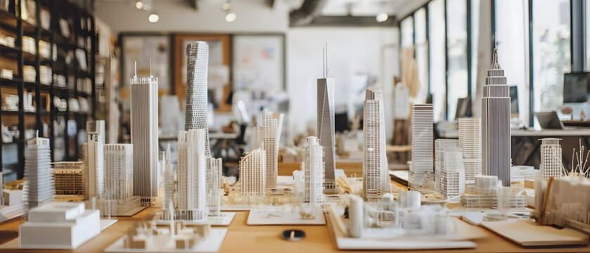 Architectural scale model of modern city skyline in studio