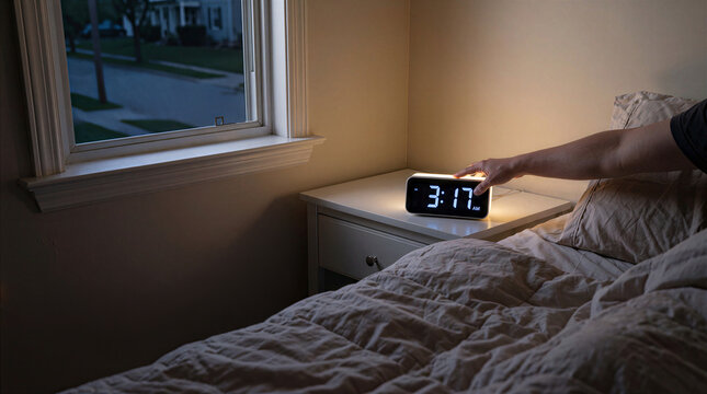 Person reaching from bed for digital alarm clock showing 3:17 AM next to a window