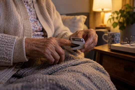 Close-up of an older hand correctly placing a pulse oximeter on one finger, natural skin texture, senior care and healthy aging concept