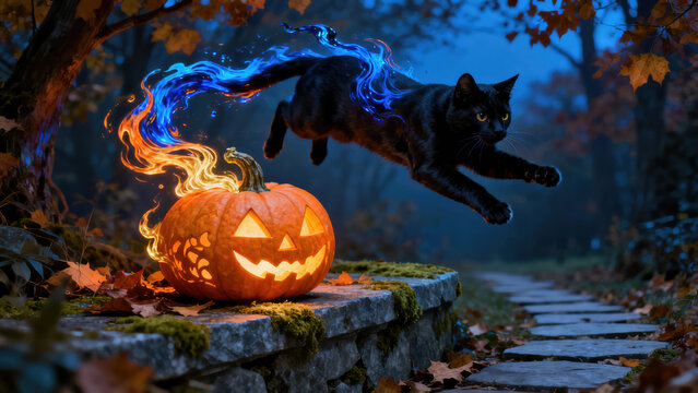 Black cat jumps over pumpkin while its tail disappears into a splash of liquid, halloween holiday festive image design