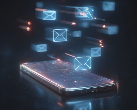 Smartphone with glowing floating email icons and data stream
