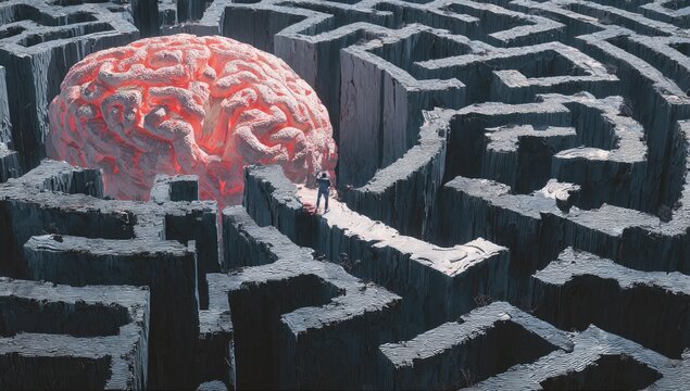 A figure navigates a complex maze, with a large brain at the center