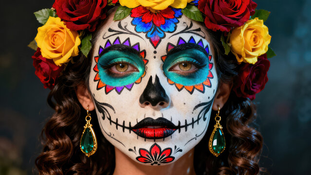 A vibrant portrait of a woman adorned with colorful sugar skull makeup and a floral crown, celebrating D&Atilde;&shy;a de los Muertos., halloween holiday festive image design