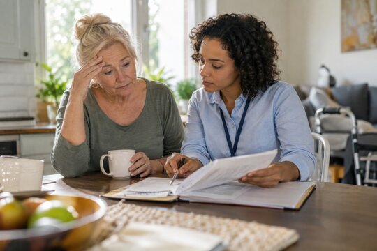 Two people, a social worker helping an exhausted caregiver make a practical care plan, healthy aging and senior healthcare concept for advertising