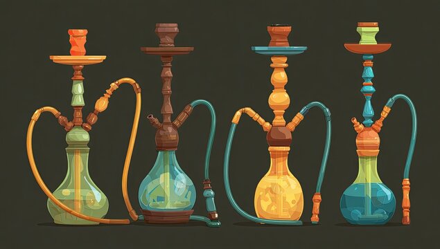 An illustration showcasing four vibrantly colored hookahs, each with a unique design and hose