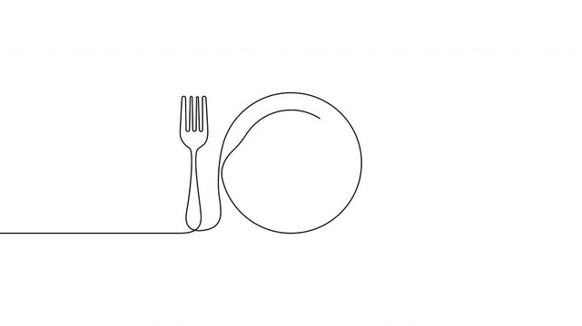 Animated plate fork and spoon continuous line illustration. Minimal dining and restaurant concept 4K video