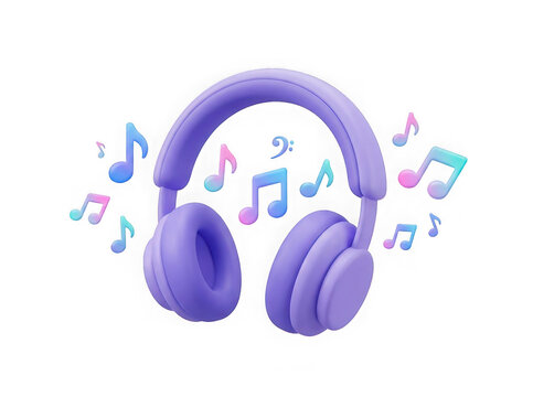Purple wireless headphones with floating colorful musical notes isolated on transparent background