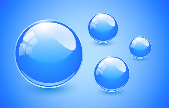 Backround with glossy blue glass spheres, shiny water drops 3D illustration.