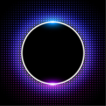 Futuristic neon circle frame with metallic border on dark dotted background, Dark futuristic background with copy space.