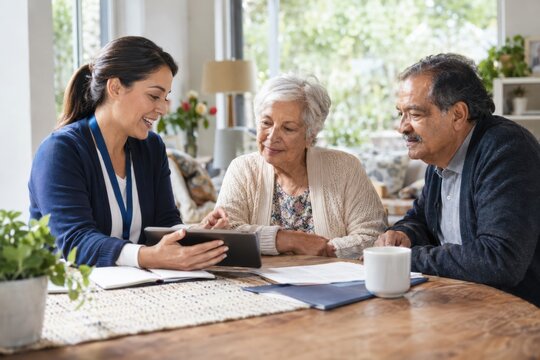 Three people, care coordinator, senior patient and family member planning home support, healthy aging and senior healthcare concept for advertising