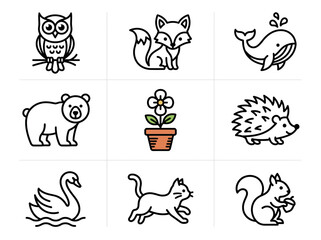 Obraz premium Cute Forest Animal Icons Set: Owl, Fox, Bear, Hedgehog, Squirrel, Swan, Cat, Whale