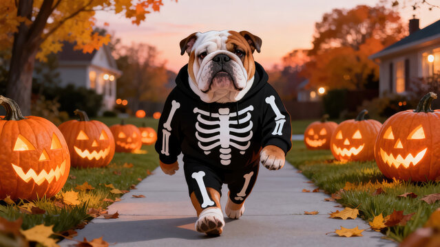 Bulldog in skeleton costume walks among glowing pumpkins, capturing the essence of autumn's playful spirit and Halloween charm. 130 characters., halloween holiday festive image design