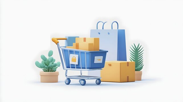Blue shopping cart with packages, bags and plants on white