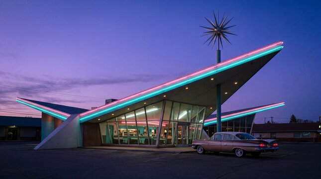 Retro Space Age Roadside Diner With Swooping Roof at Dusk