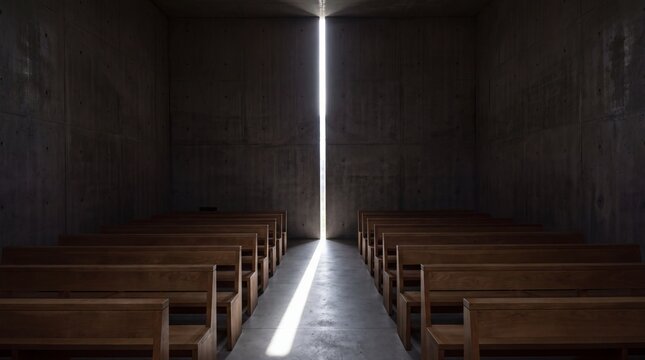 Dark Concrete Church Interior With Single Vertical Slit of Light