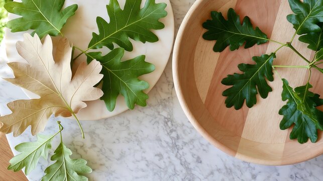 Oak leaves showcase the transition from vibrant green to dry brown on natural surfaces.
