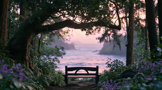 A solitary bench overlooks a serene ocean vista at dusk.