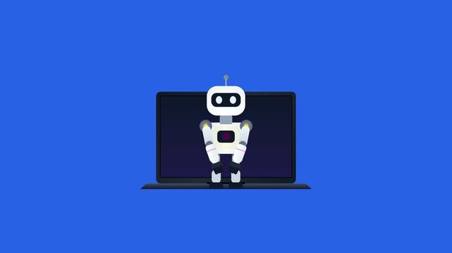 AI robot using laptop with chat bubbles on blue background