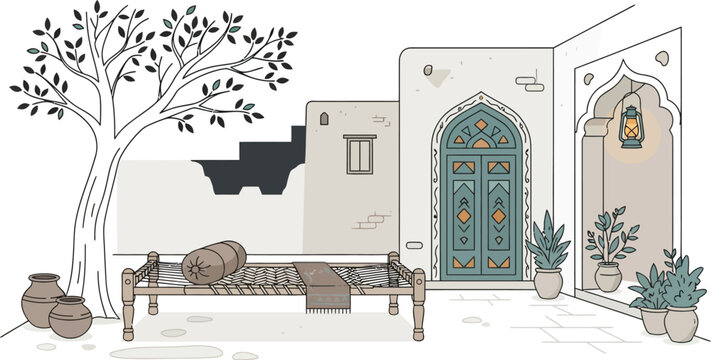 Traditional courtyard vector illustration featuring ornate archways handmade pottery wooden bed and leafy tree