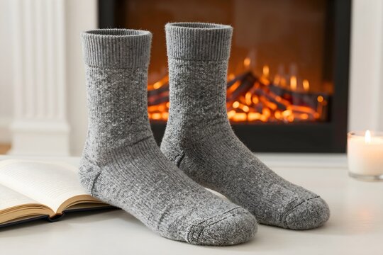 Wool socks and a book by a fireplace