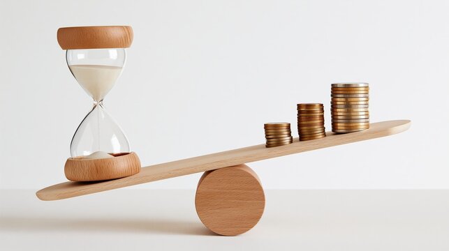 Hourglass and stacked coins are balanced on a wooden scale.