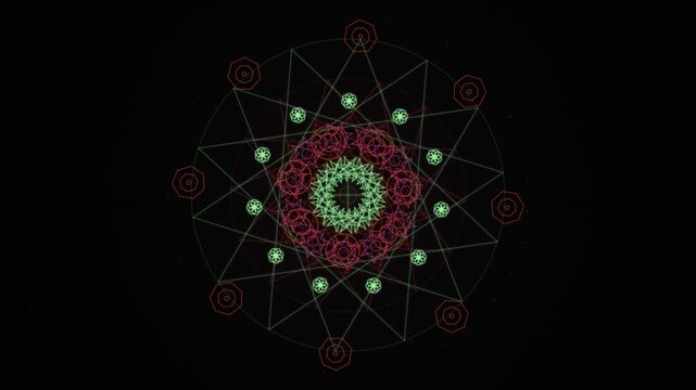Geometric mandala pattern with looping circular elements on black background