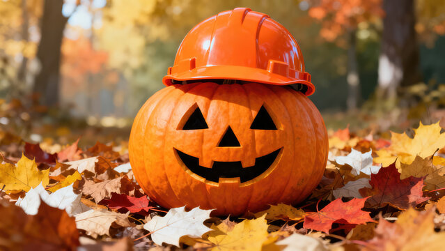Jack-o'-lantern wearing a hard hat in autumn leaves., halloween holiday festive image design
