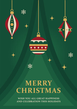 Christmas Celebration Poster with Ornaments Hanging on Green Background Minimal Festive Holiday Decor