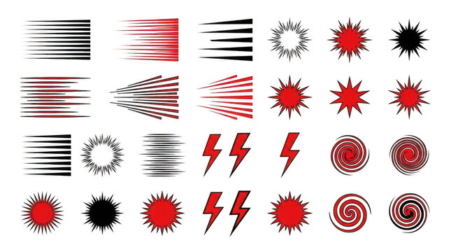 Set of comic book speed lines, impact bursts, lightning bolts, and spiral vortex symbols isolated on transparent background