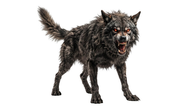 Ferocious dark wolf snarling with glowing red eyes and collar