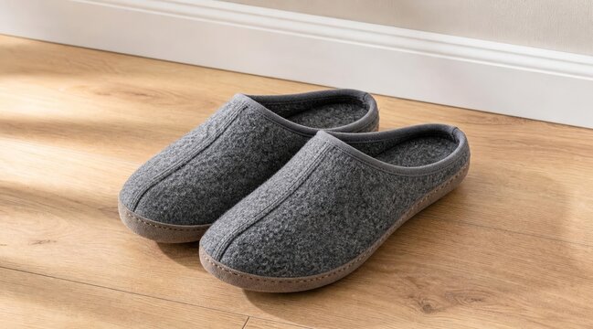 Matched pair of grey boiled wool slip-on slippers on hardwood floor