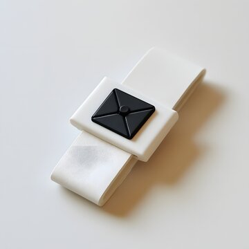 White wristband with black triangular button on minimal background