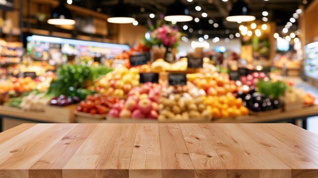 Wooden surface in front of a blurred grocery store produce aisle.