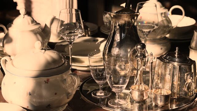 Antique European Porcelain And Silver Dining Table Display