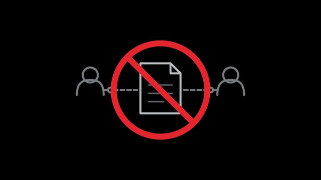 Animated Line Icon Showing Document Sharing Blocked by Red Prohibition Sign
