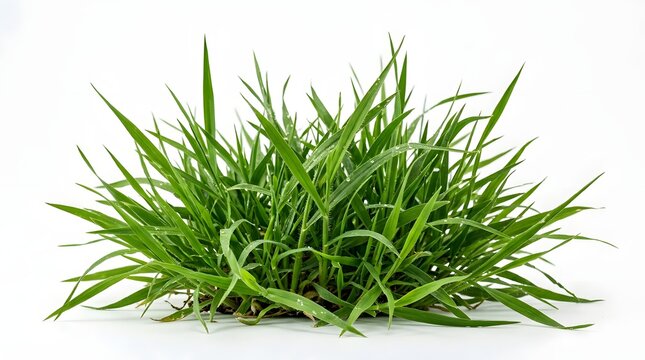 Dense clump of green wild grass blades isolated on white background for garden landscaping